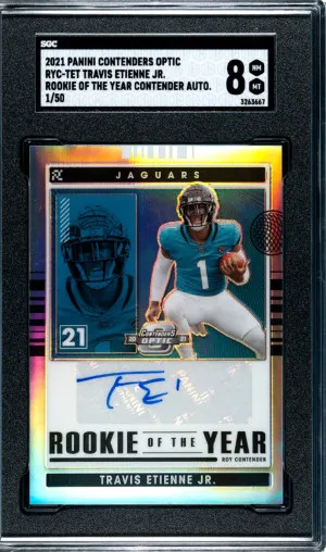 2021 Contenders Optic Rookie of the Year Silver Prizm Auto Travis Etienne 1/40 SGC 8 Jersey match front
